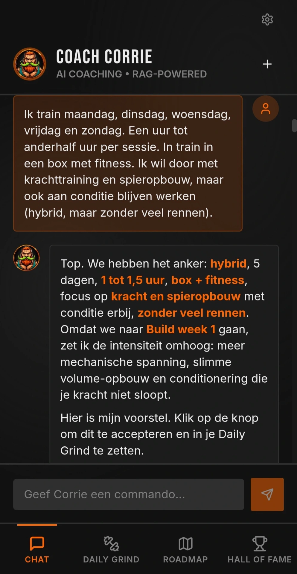 Coach Corrie AI chat — Hyrox voorbereiding overleg